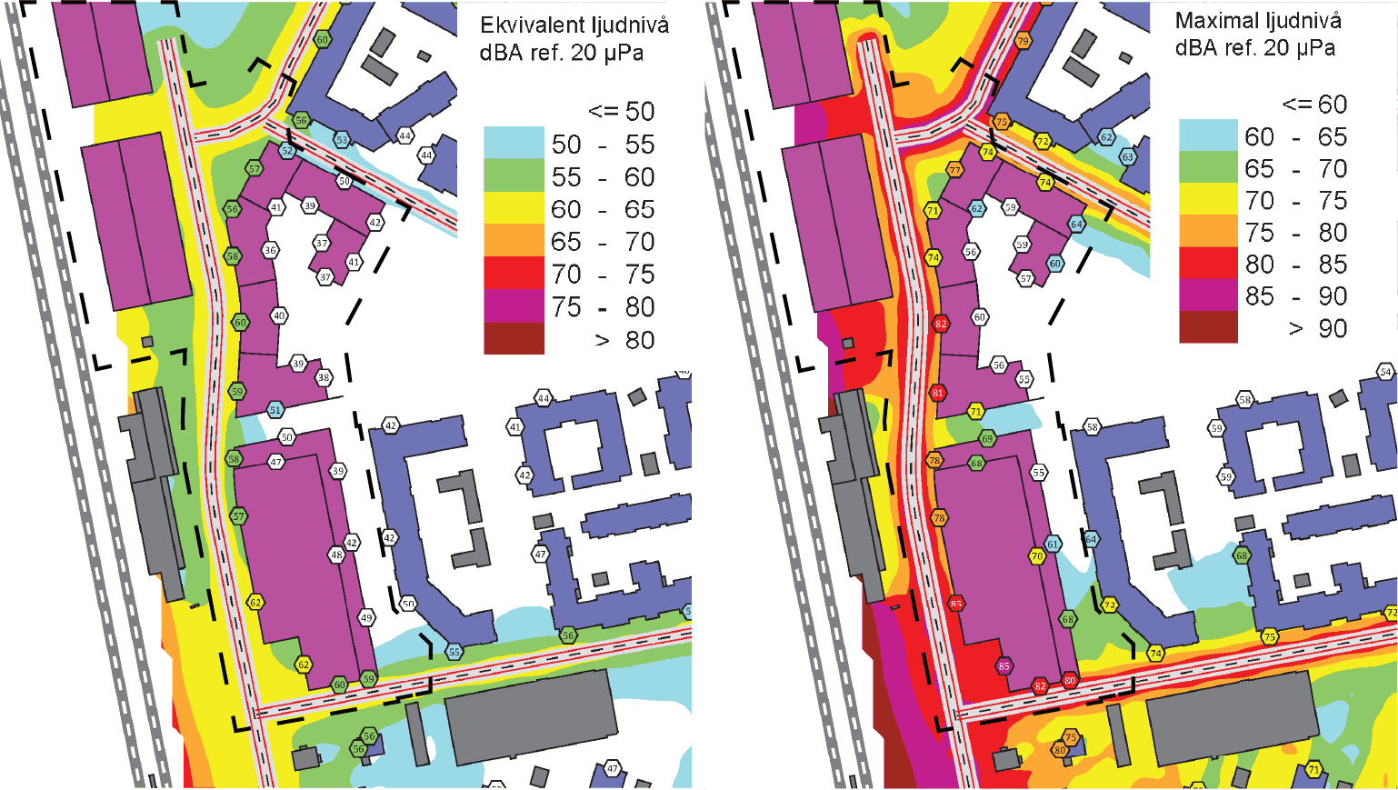 Bullerkartorna visar ekvivalent och maximal ljudnivå för föreslagen ny bebyggelse. Trafiken är uppräknad med tillkommande alstring från  planområdet. 