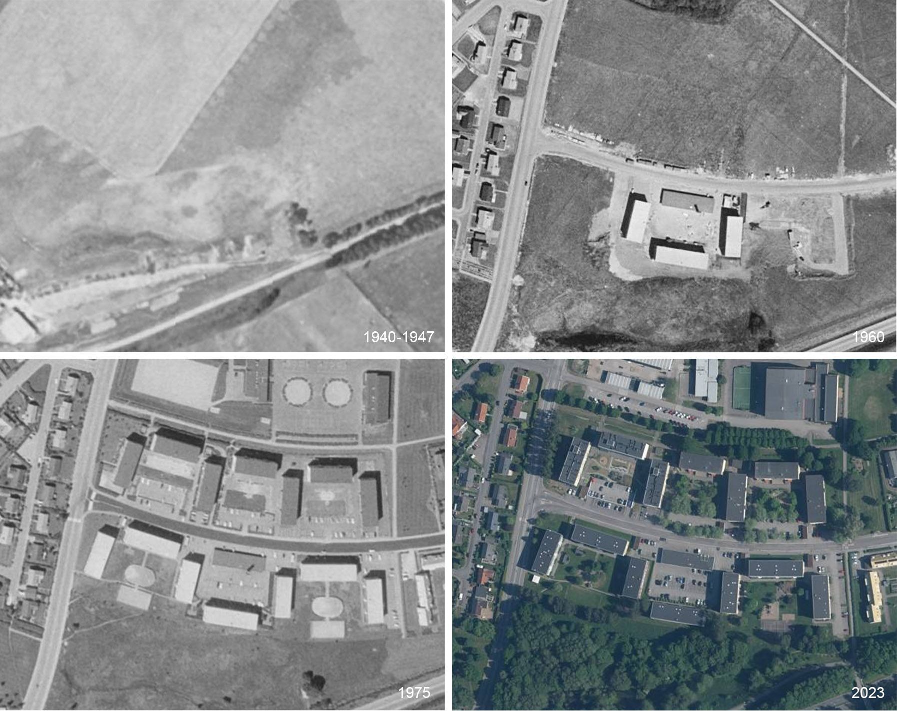 Flygfoto över området från respektive årtal.