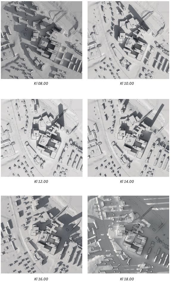 Illustrationerna visar hur skuggan förflyttar sig över dygnet. Illustrationerna är endast exempel på hur området kan utformas.