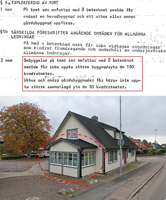 Utdrag från planbestämmelserna i B 723 samt en bild som visar den del av huvudbyggnaden som ligger på prickmark.