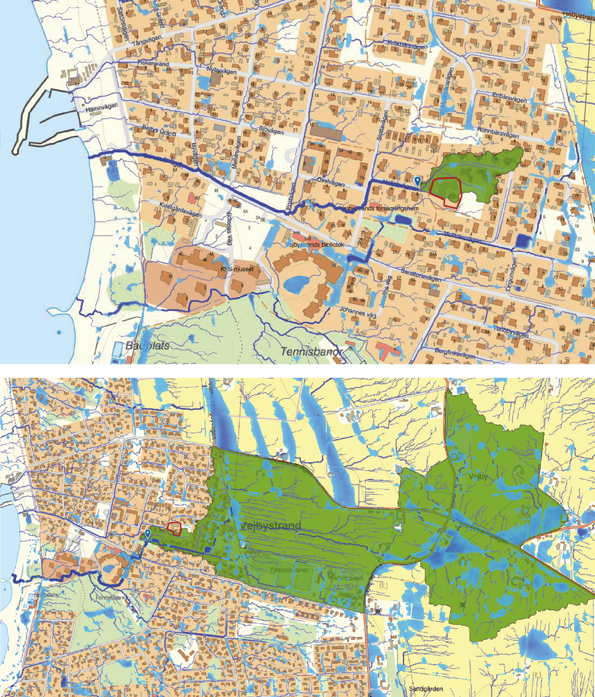 Bilderna visar de två avrinningsområdena (grön yta) som berör planområdet. Blå ytor visar instängda områden och mörkblå linje redovisar nedströms rinnväg. Fastigheten är markerad med rött. Skärmklipp från SCALGO Live.