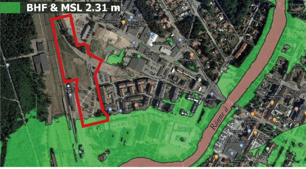 Kartan visar utbredningen av BHF (629 m3/s), kombinerat med en havsnivå på +2,31 meter. 