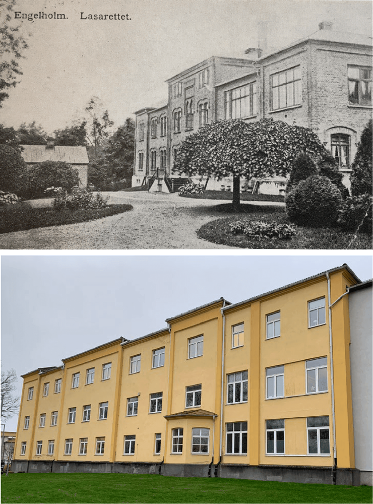 Bilderna visar byggnad 04 som utgör sjukhuset allra första huvudbyggnad från 1870-talet. 