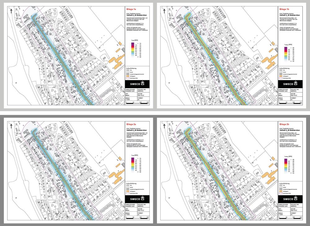Illustrationerna visar dygnsekvivalent- och maximal ljudnivå för prognos år 2045 utan tillkommande detaljplan (överst) samt dygnsekvivalent- och maximal ljudnivå för prognos år 2045 inklusive trafik genererad av tillkommande detaljplan (nederst).