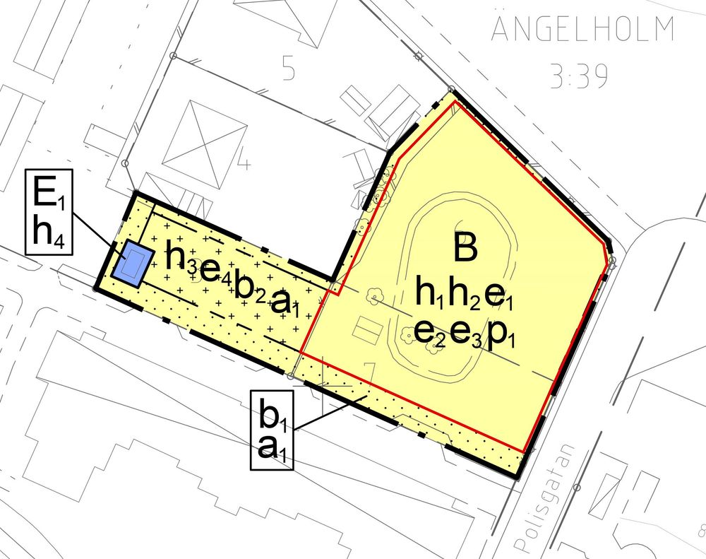 Röd markering visar inom vilket område bestämmelser om höjd på byggnadsverk, placering samt utnyttjandegrad gäller.