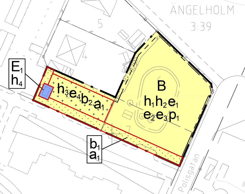 Röd markering visar inom vilket område bestämmelser om korsmark, höjd på byggnadsverk, utnyttjandegrad, utförande samt ändrad lovplikt gäller.