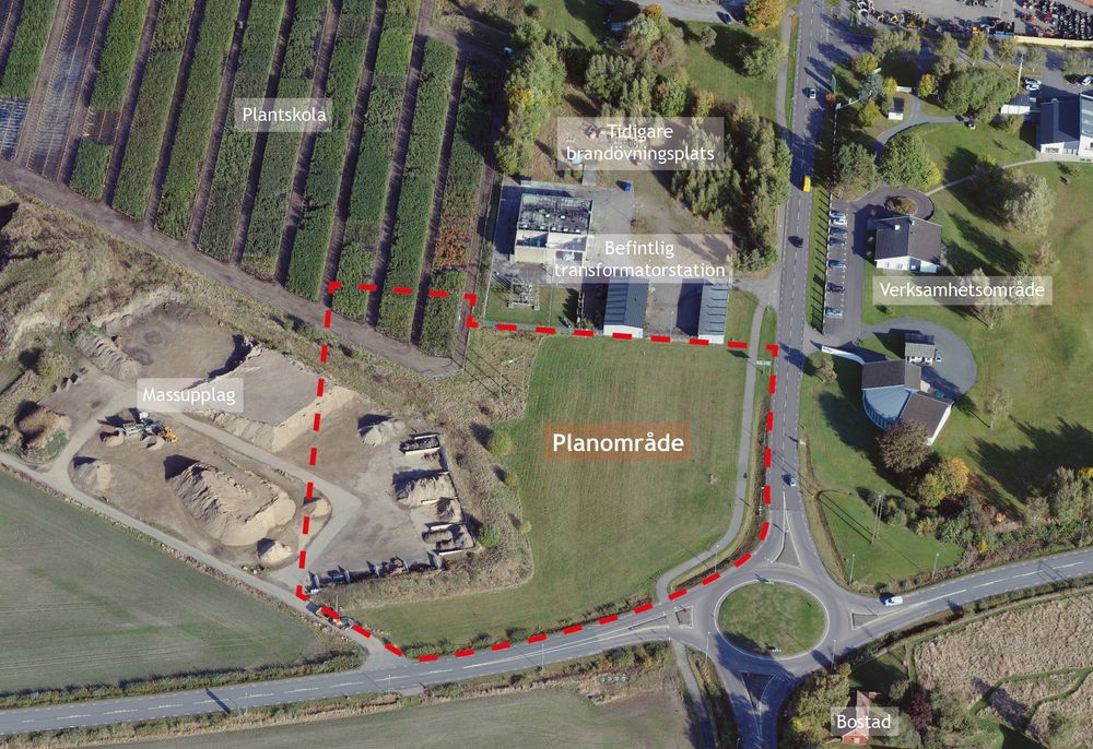 Illustrationen visar en översikt över befintlig bebyggelse och verksamheter i anslutning till aktuellt område.