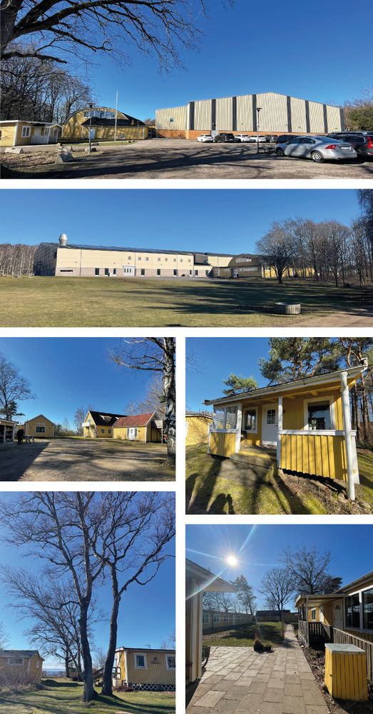 Bilderna visar idrottshallarna (sett från söder och väster) samt delar av stugområdet.