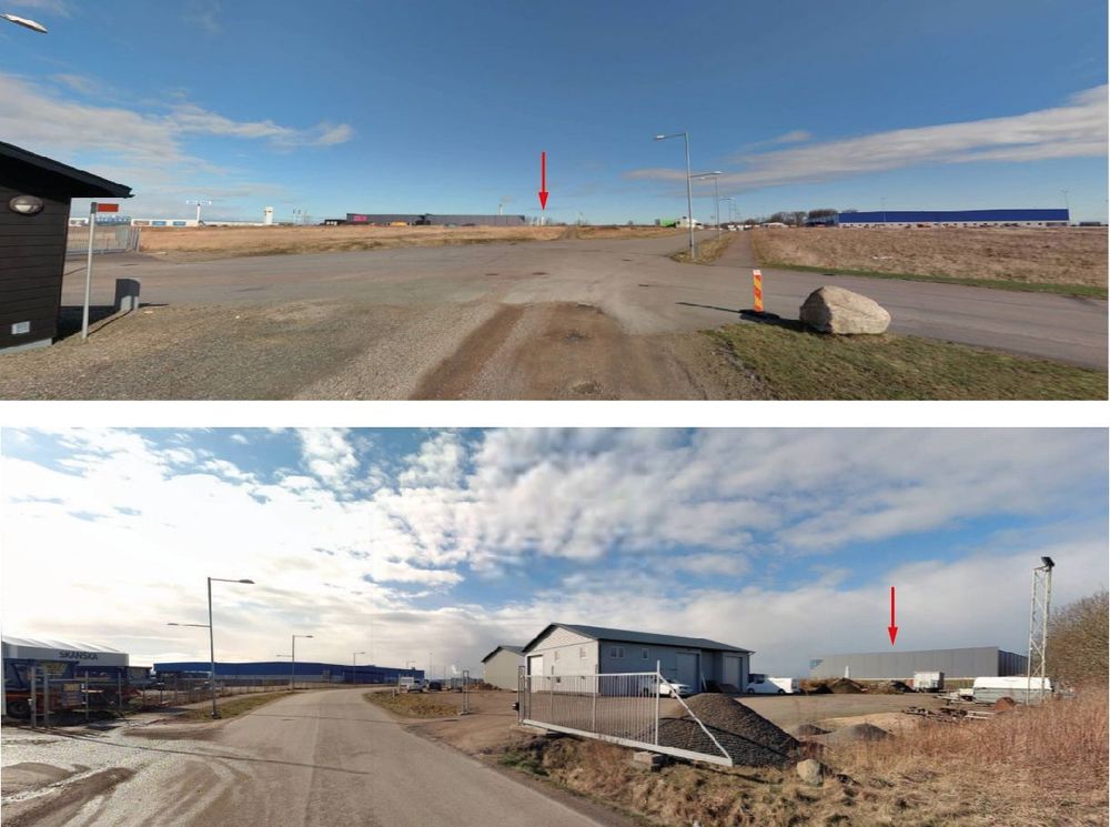 Illustrationerna visar vyer över bebyggelsemiljön i området, sett från söder respektive norr. Röd pil markerar på ett ungefär var tillbyggnad är tänkt att uppföras.