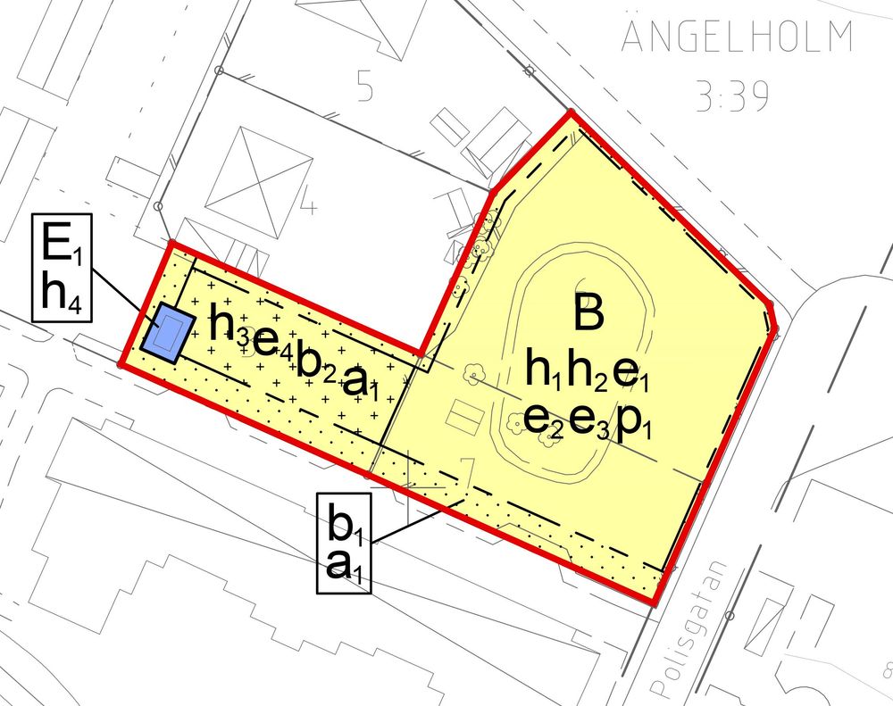 Röd markering visar inom vilket område bestämmelserna B, E1, utformning samt villkor för startbesked gäller.