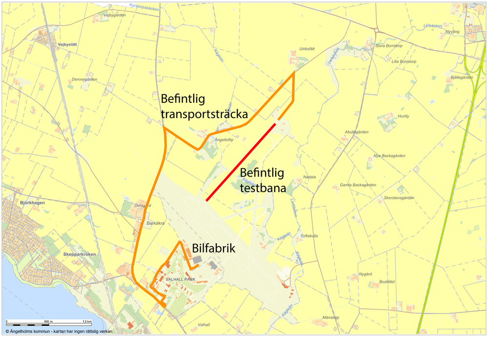 Kartan visar bilfabrikens placering, och befintlig transportsträcka för att nå befintlig testbana. 