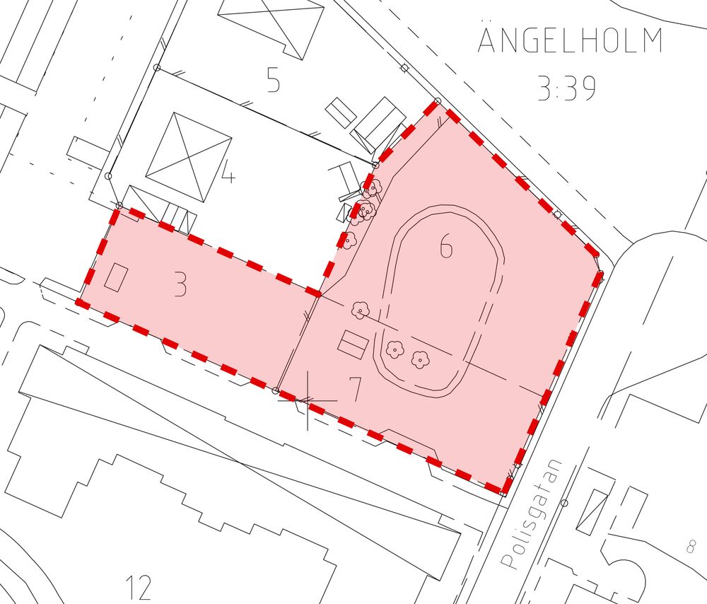 Kartan visar vilken mark som avses förvärvas, fastigheterna Blåhaken 3, 6 och 7.