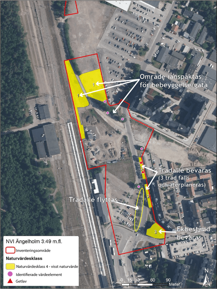 Kartan visar vilka områden som planeras att bevaras respektive ianspråktas utifrån genomförd naturvärdesinventering. 