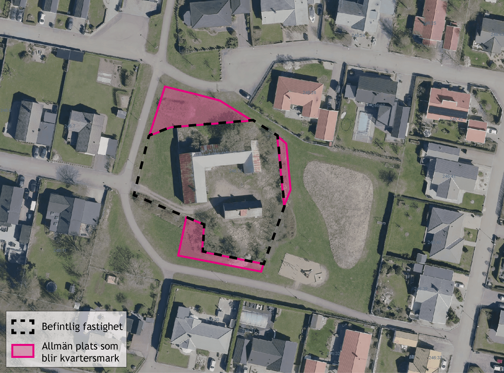 Karta. Rosa figurer visar allmän plats som planläggs som kvartersmark. 