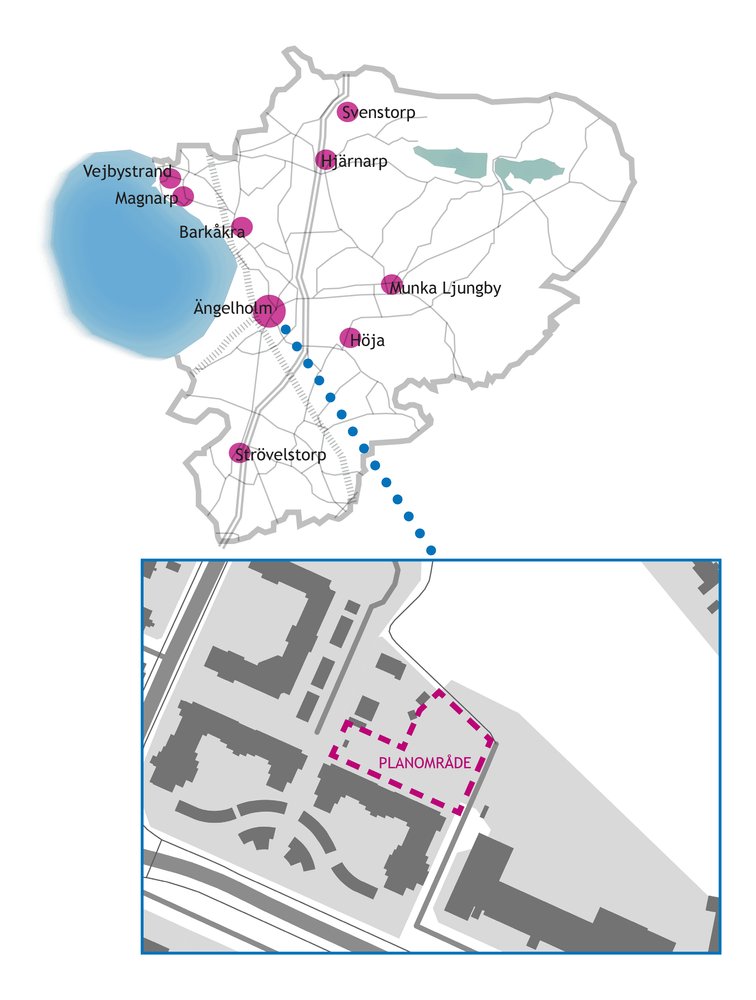 Planområdets läge i kommunen. Planområde inom streckad figur.