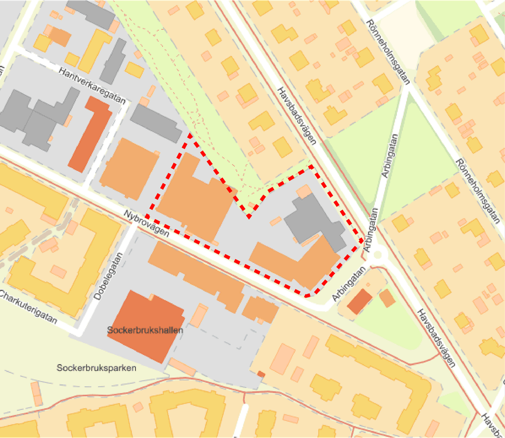 Planområdets läge i kommunen. Planområdet markerat med röd streckad linje.