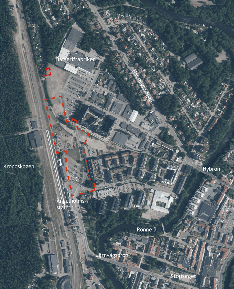 Karta. Planområdets läge i Ängelholm. Planområdet inom röd streckad figur.