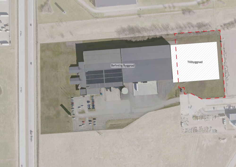 Illustrationen visar tänkt utbyggnad av befintlig byggnad. Planområdet för ändringen är markerat med röd streckad linje.