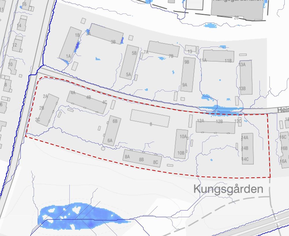 Illustration som Illustration som visar rinnvägar genom och runtomkring området. Planområde markerat med röd streckad linje.visar rinnvägar genom området. Planområde markerat med röd streckad linje.