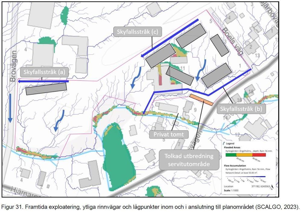 Utdrag från dagvatten och skyfallsutredning, föreslagna skyfallsstråk.