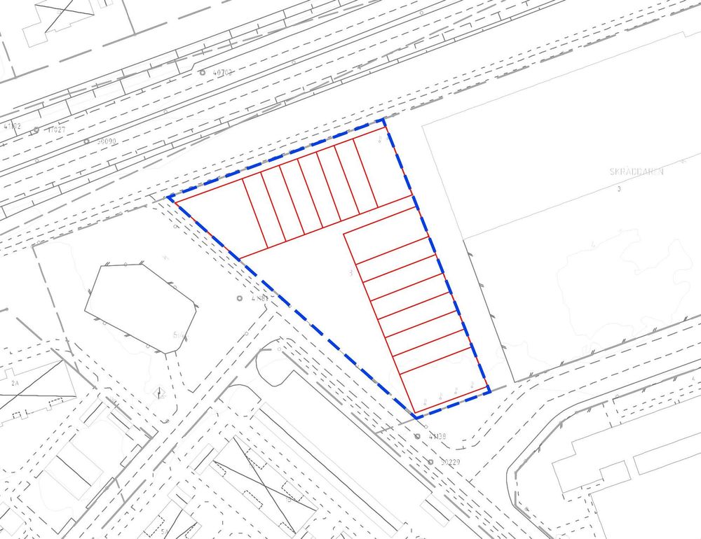 Förslag på avstyckning av Skräddaren 3. Nya fastighetsgränser markerade med rött.