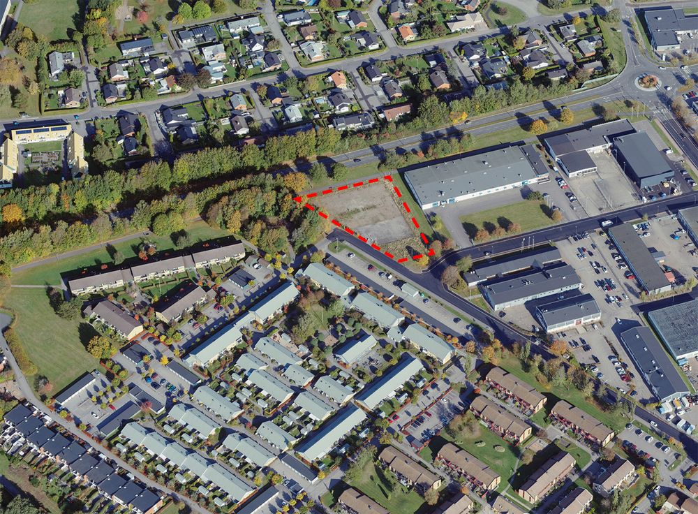 Planområdet Skräddaren 3 markerat med röd streckad linje.