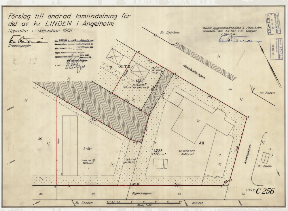 Tomtindelning 1182K-C256 för del av kvarteret Linden, fastställd år 1967.