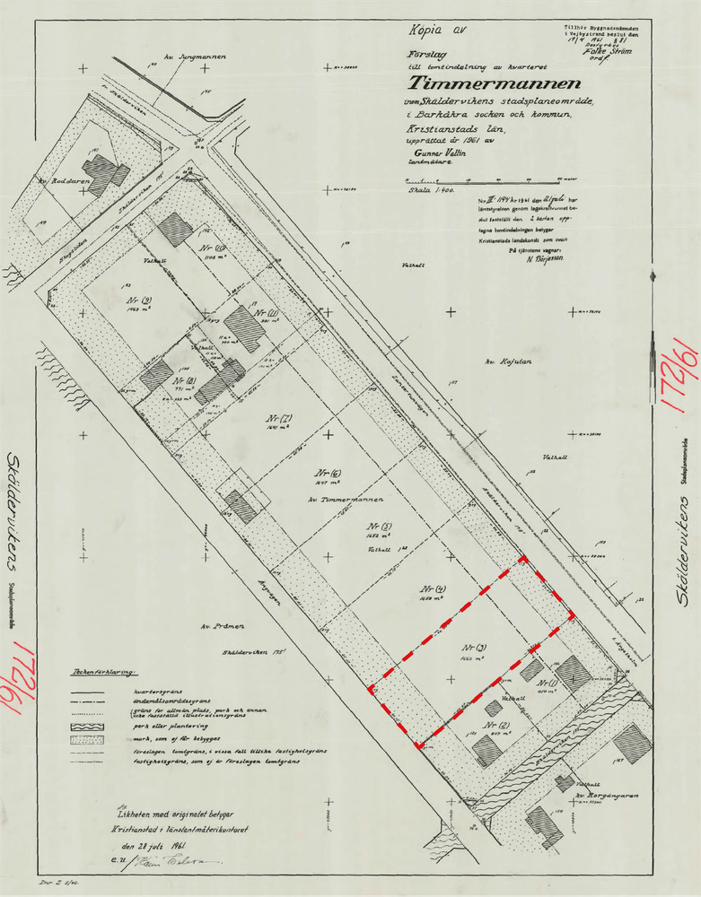 Tomtindelningsplan. Röd figur visar vilket område som upphävs. 