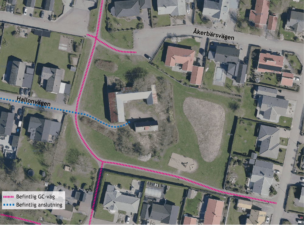 Kartan visar befintligt gång- och cykelväg samt hur fastigheten Vejby 246:13 angörs via Hallonvägen idag. 