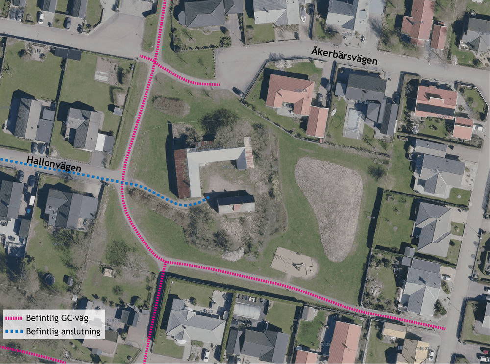Kartan visar befintligt gång- och cykelväg samt hur fastigheten Vejby 246:13 angörs via Hallonvägen idag. 