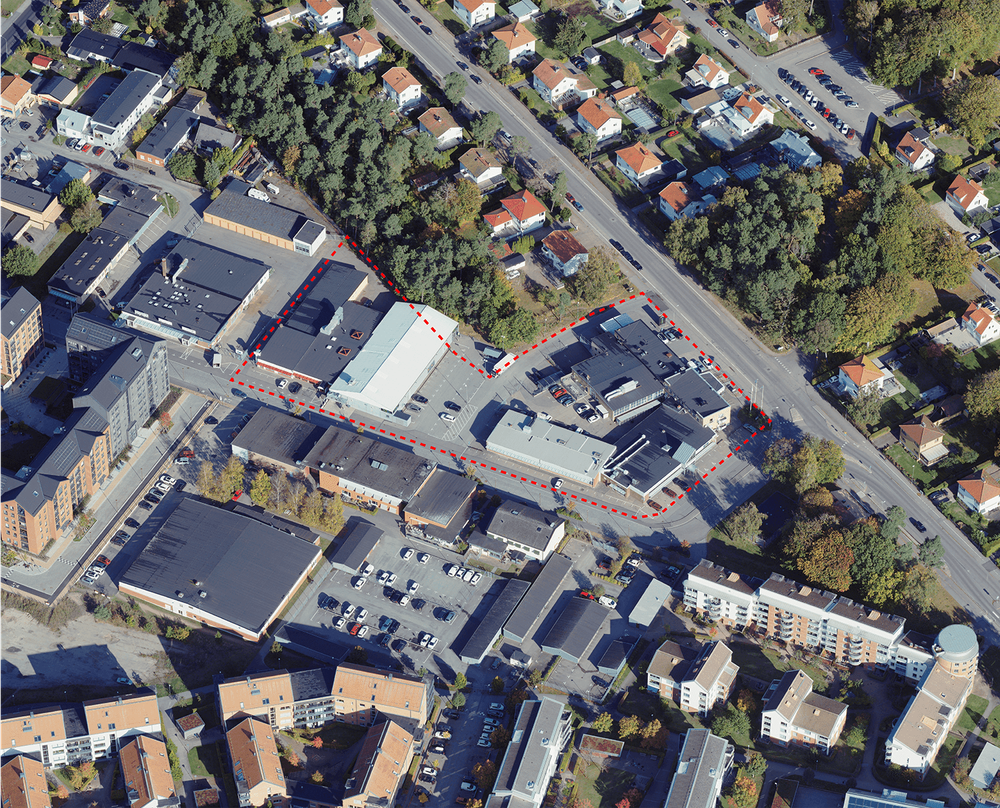 Planområdets läge i kommunen. Planområde markerat med röd streckad linje.