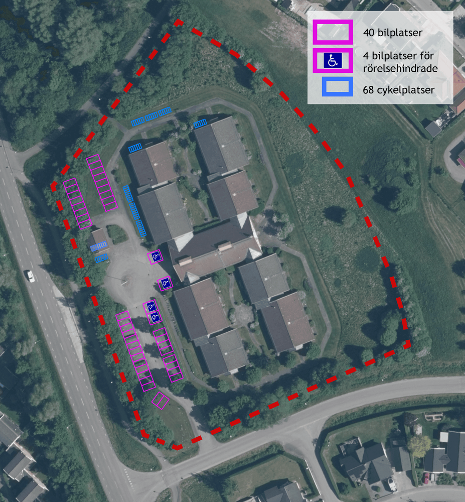 Bilden visar förslag på hur parkeringen kan lösas. 