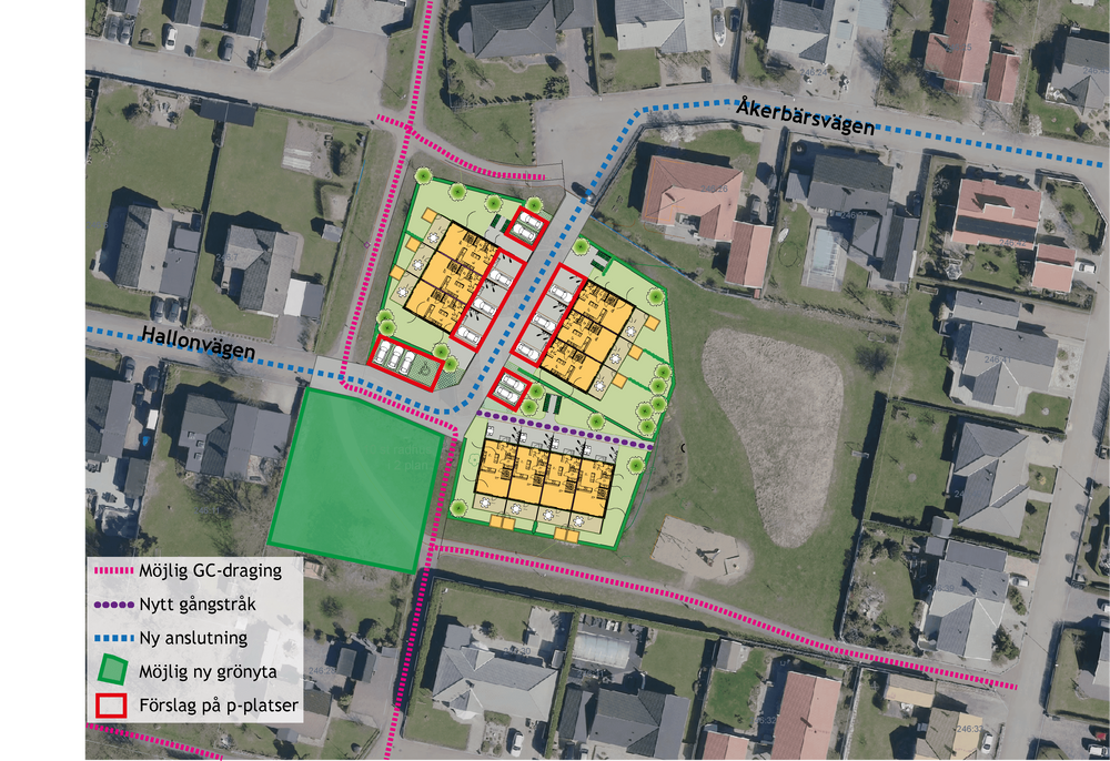 Karta. Visar ny gata samt förslag på ny dragning av befintlig gång- och cykelväg som kan skapa en större sammanhängande grönyta i söder. Även förslag på placering av bilparkering redovisas.