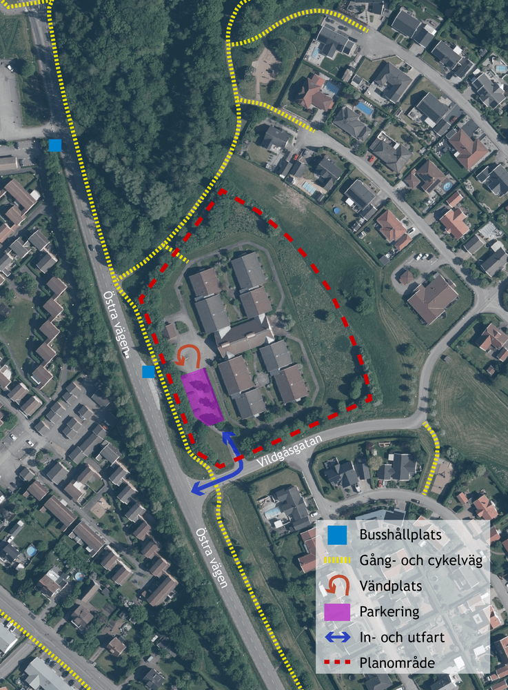 Bilden visar dagens förutsättningar för trafik och parkering.