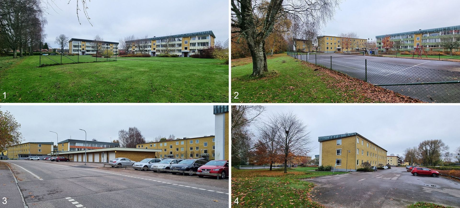 Befintlig miljö. Bild 1: Platsen där det sydvästra huset föreslås. Bild 2: Platsen där det sydöstra huset föreslås. Bild 3: Platsen där det norra huset föreslås byggas på det befintliga. Bild 4: Platsen där ny markparkering föreslås.