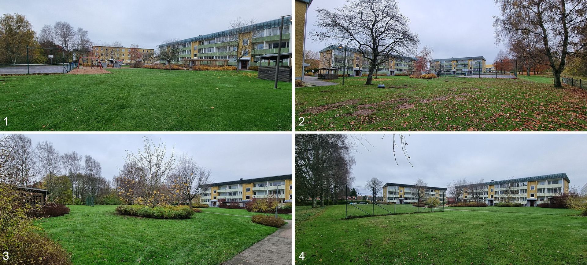 Befintlig naturmiljö. Bild 1 och 2: Östra innergården. Bild 3 och 4: Västra innergården.