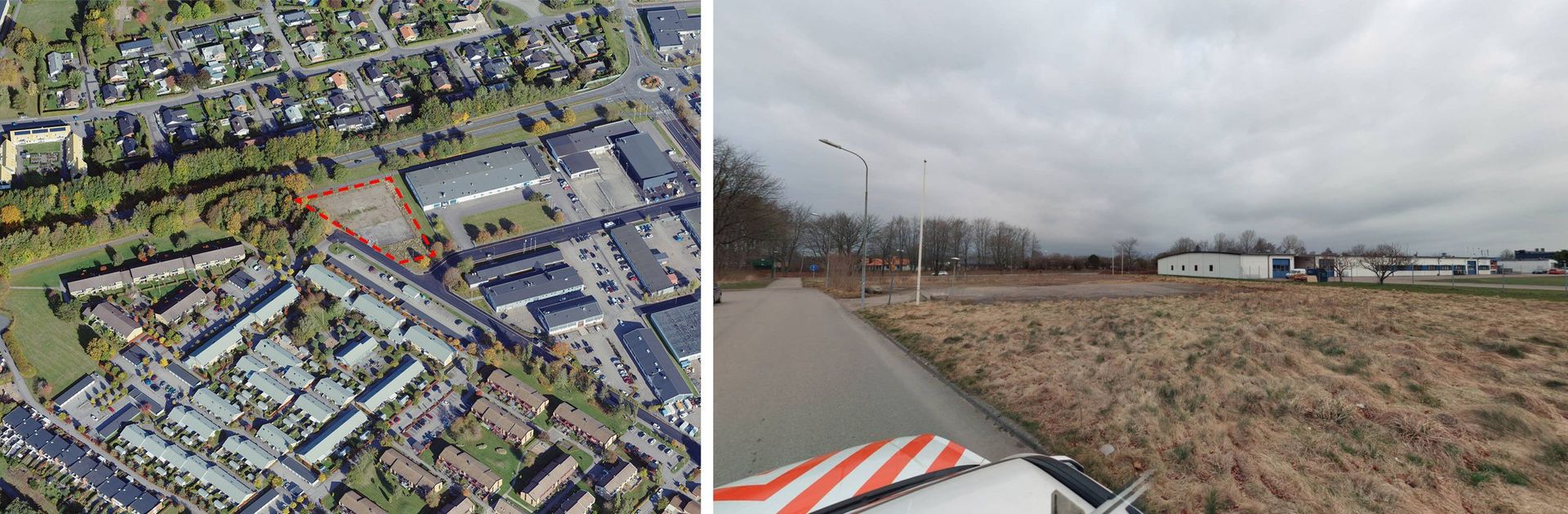 Bild 1. Planområdets läge i kommunen. Planområde markerat med röd streckad linje. Bild 2. Planområdet sett från Tordönsgatan.