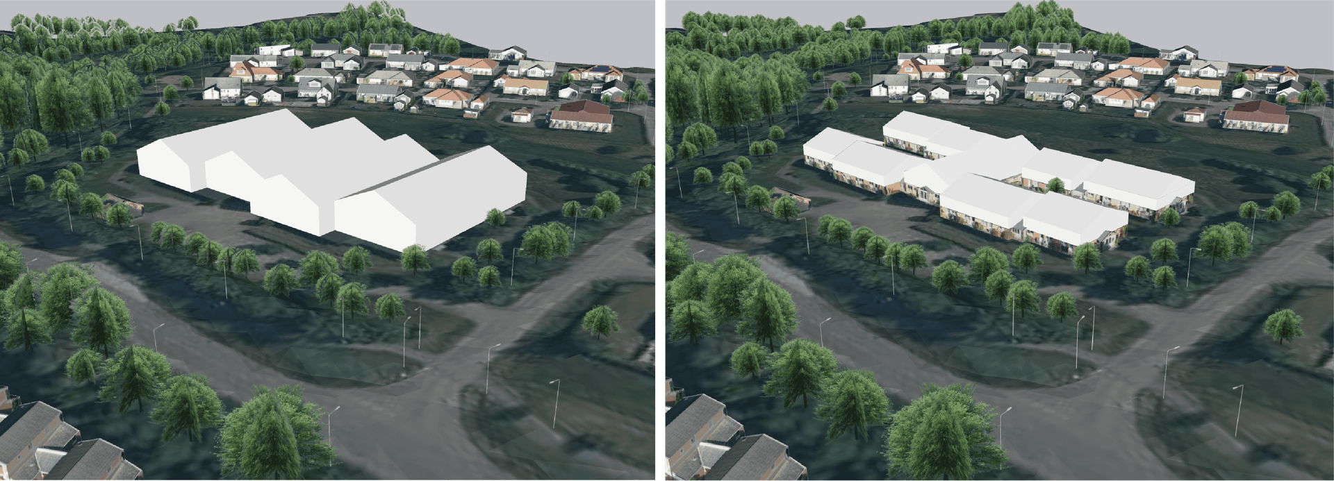 Illustrationen visar en helt ny byggnad med maximal byggrätt, samt befintlig byggnad med ytterligare ett våningsplan.