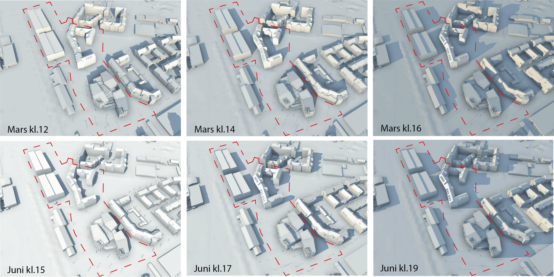 Bilderna visar möjliga skuggförhållanden under vår/höstdagjämning och under sommarsolstånd för det vinnande arkitektförslaget. Plangränsen är ungefärlig och finns för att underlätta orientering.  