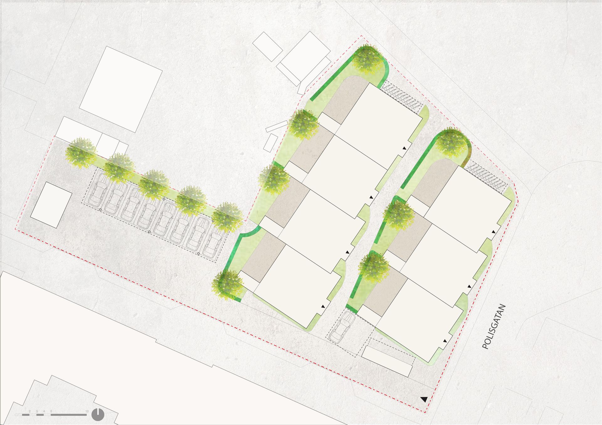 Illustrationsplan över det aktuella planförslaget med radhus.